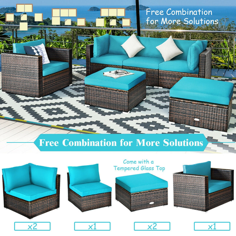 Costway - 6 Pieces Patio Rattan Furniture Set with Sectional Cushion-Turquoise
