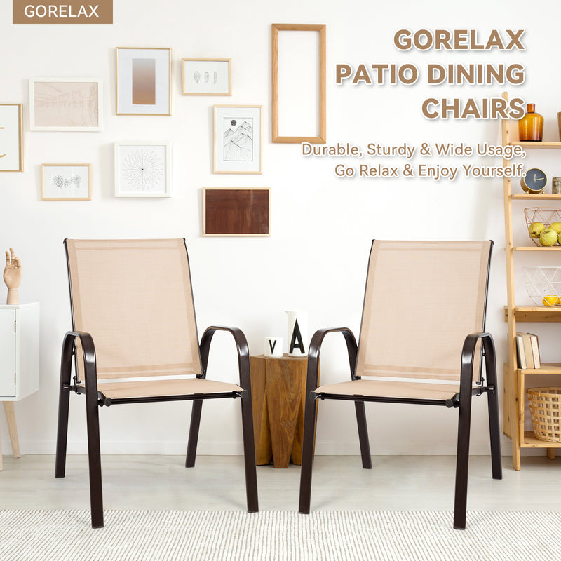 Costway - 2 Pcs Patio Chairs Outdoor Dining Chair with Armrest-Beige