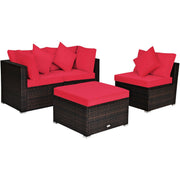 Costway - 4 Pcs Ottoman Garden Deck Patio Rattan Wicker Furniture Set Cushioned Sofa-Red
