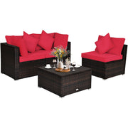Costway - 4 Pcs Ottoman Garden Deck Patio Rattan Wicker Furniture Set Cushioned Sofa-Red
