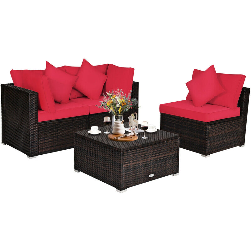 Costway - 4 Pcs Ottoman Garden Deck Patio Rattan Wicker Furniture Set Cushioned Sofa-Red