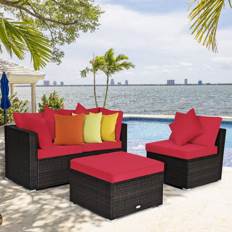 Costway - 4 Pcs Ottoman Garden Deck Patio Rattan Wicker Furniture Set Cushioned Sofa-Red