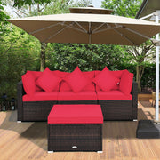 Costway - 4 Pcs Ottoman Garden Deck Patio Rattan Wicker Furniture Set Cushioned Sofa-Red