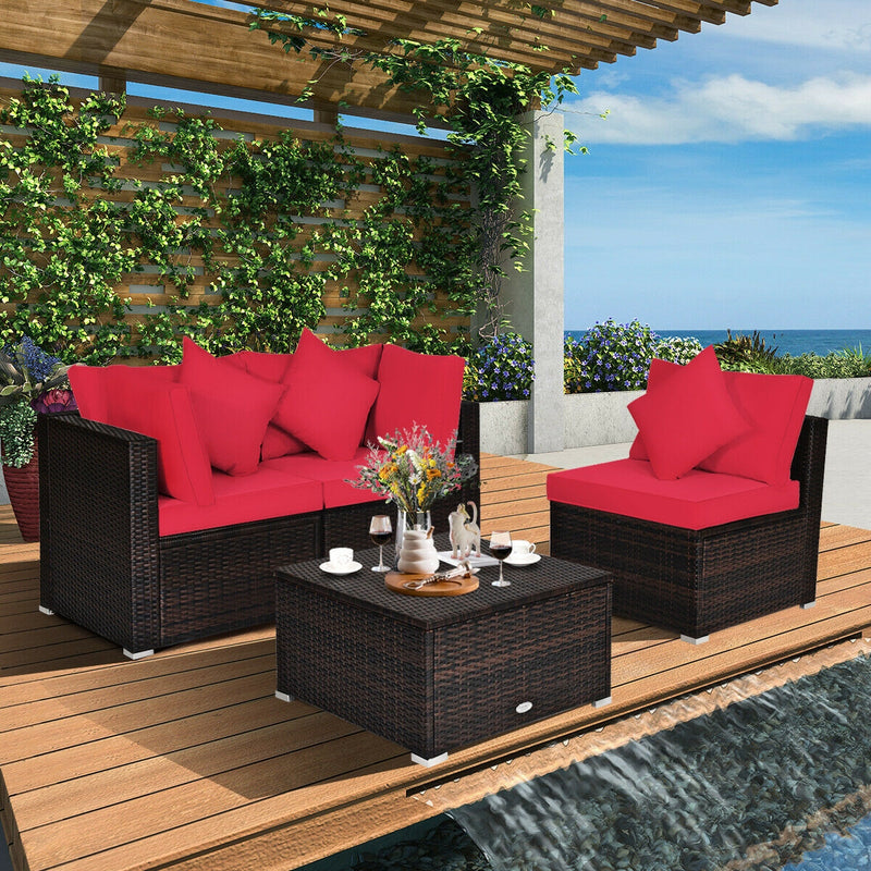 Costway - 4 Pcs Ottoman Garden Deck Patio Rattan Wicker Furniture Set Cushioned Sofa-Red