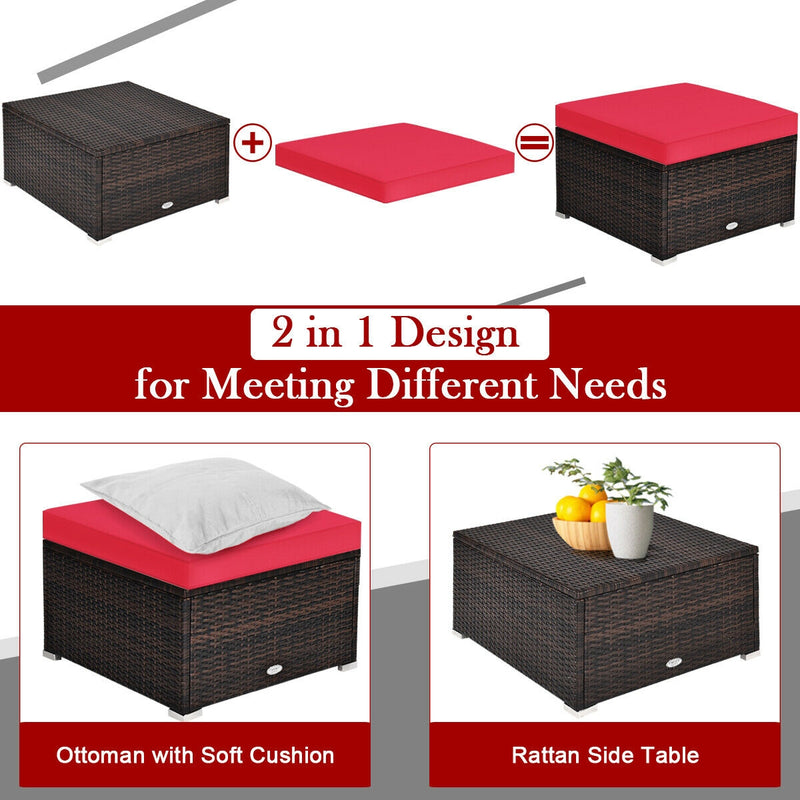 Costway - 4 Pcs Ottoman Garden Deck Patio Rattan Wicker Furniture Set Cushioned Sofa-Red