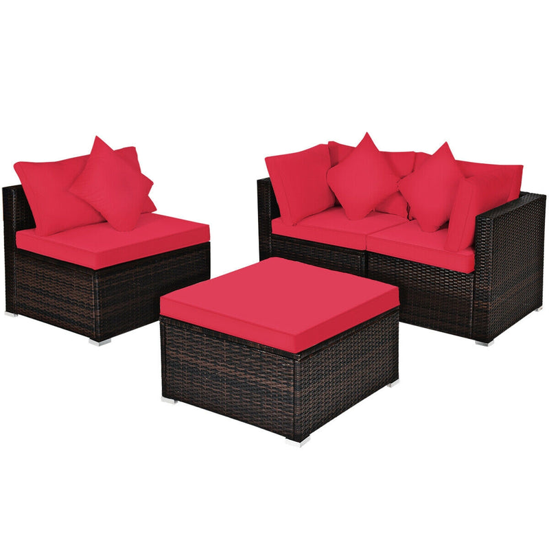 Costway - 4 Pcs Ottoman Garden Deck Patio Rattan Wicker Furniture Set Cushioned Sofa-Red