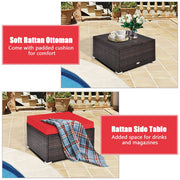 Costway - 4 Pcs Ottoman Garden Deck Patio Rattan Wicker Furniture Set Cushioned Sofa-Red