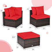 Costway - 4 Pcs Ottoman Garden Deck Patio Rattan Wicker Furniture Set Cushioned Sofa-Red