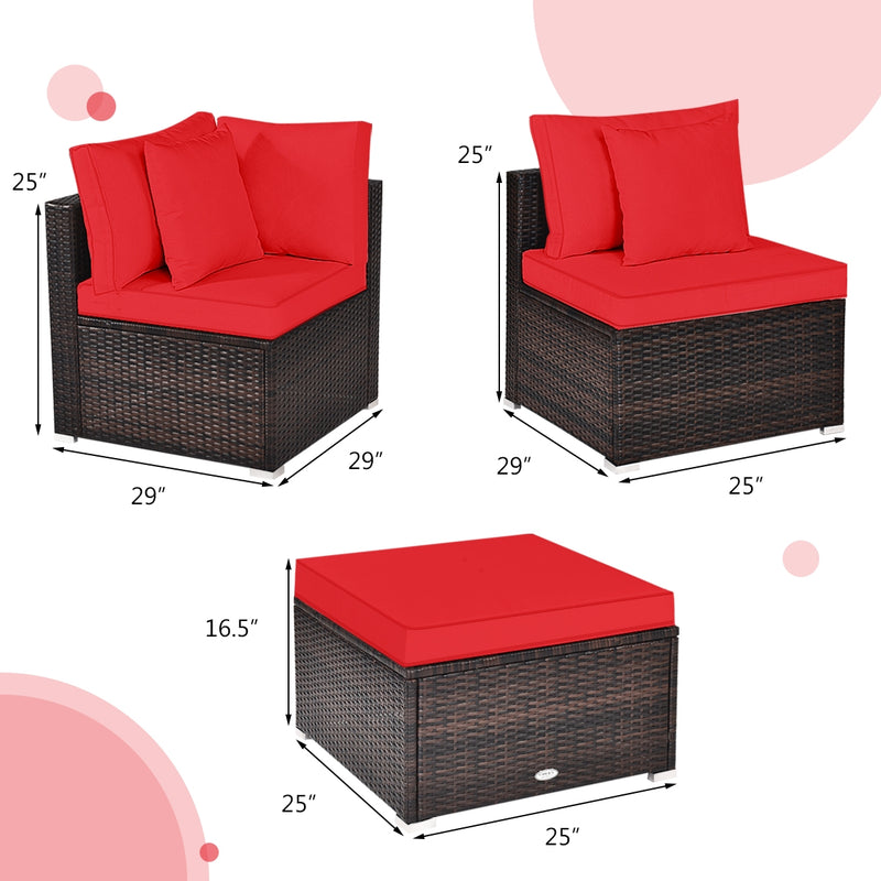 Costway - 4 Pcs Ottoman Garden Deck Patio Rattan Wicker Furniture Set Cushioned Sofa-Red