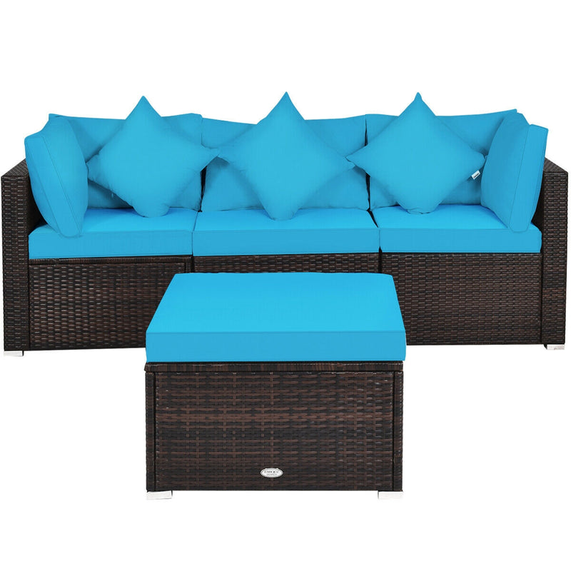 Costway - 4 Pcs Ottoman Garden Deck Patio Rattan Wicker Furniture Set Cushioned Sofa-Turquoise