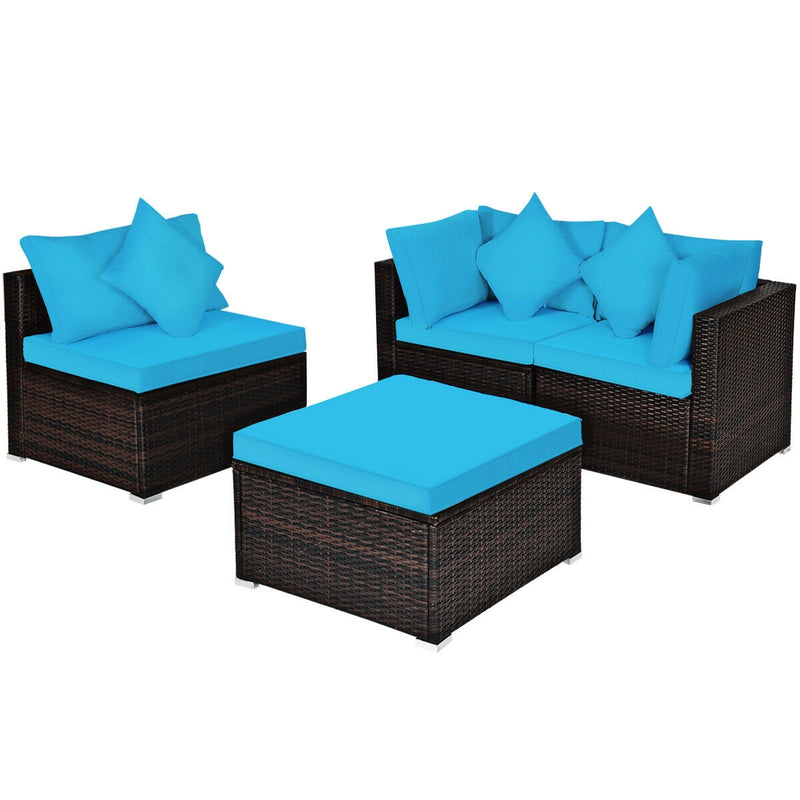 Costway - 4 Pcs Ottoman Garden Deck Patio Rattan Wicker Furniture Set Cushioned Sofa-Turquoise