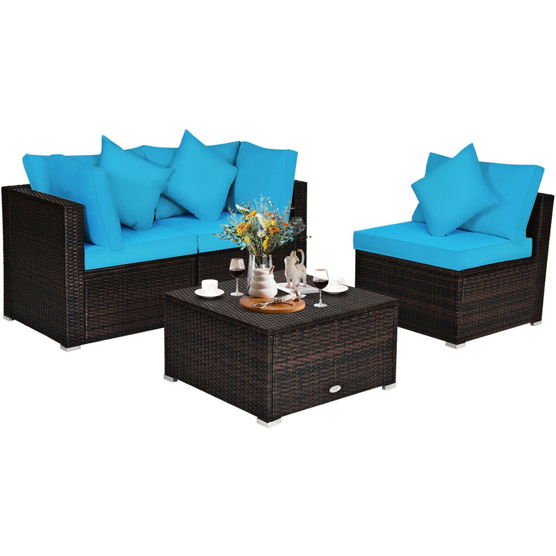 Costway - 4 Pcs Ottoman Garden Deck Patio Rattan Wicker Furniture Set Cushioned Sofa-Turquoise