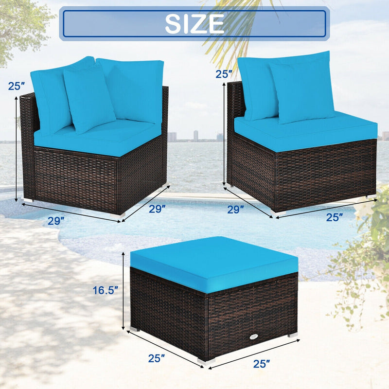 Costway - 4 Pcs Ottoman Garden Deck Patio Rattan Wicker Furniture Set Cushioned Sofa-Turquoise