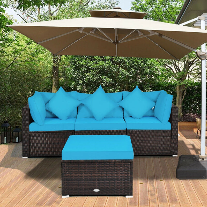 Costway - 4 Pcs Ottoman Garden Deck Patio Rattan Wicker Furniture Set Cushioned Sofa-Turquoise