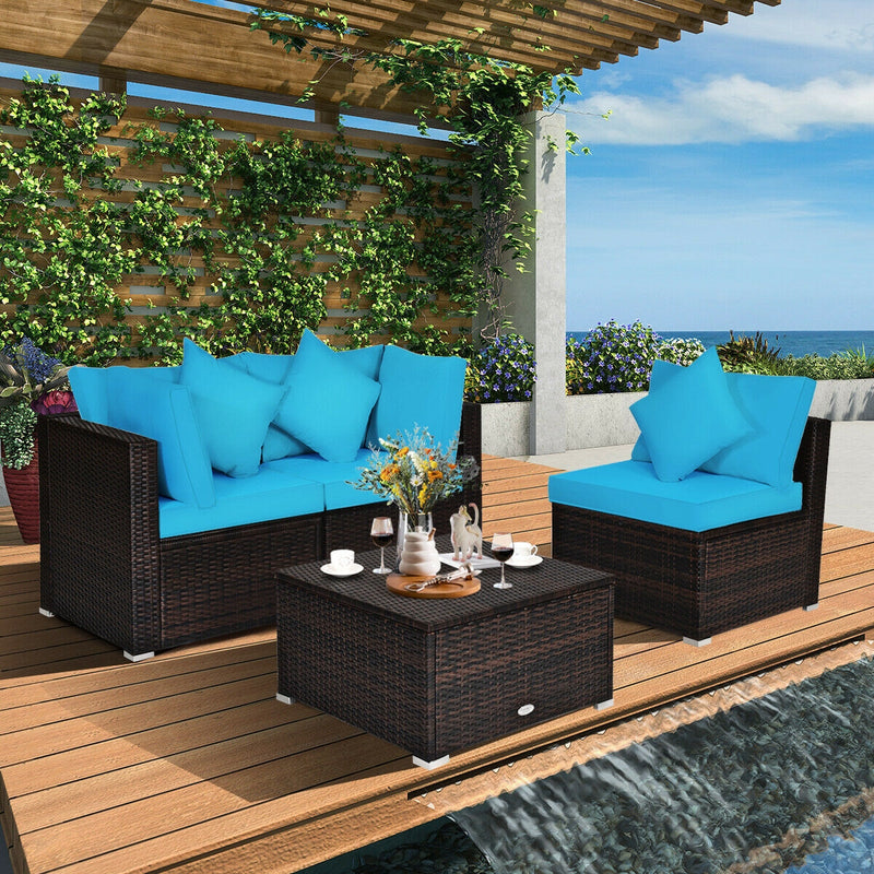 Costway - 4 Pcs Ottoman Garden Deck Patio Rattan Wicker Furniture Set Cushioned Sofa-Turquoise