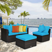 Costway - 4 Pcs Ottoman Garden Deck Patio Rattan Wicker Furniture Set Cushioned Sofa-Turquoise