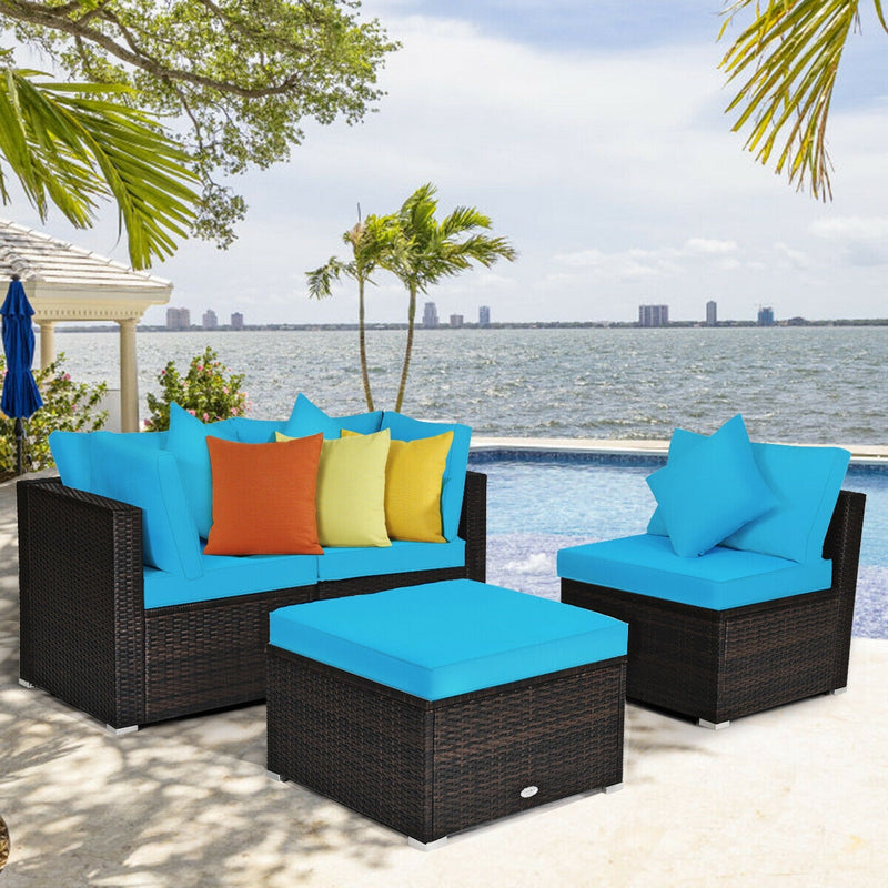 Costway - 4 Pcs Ottoman Garden Deck Patio Rattan Wicker Furniture Set Cushioned Sofa-Turquoise