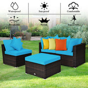 Costway - 4 Pcs Ottoman Garden Deck Patio Rattan Wicker Furniture Set Cushioned Sofa-Turquoise