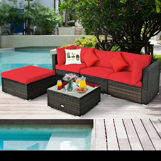 Costway - 5 Pcs Outdoor Patio Rattan Furniture Set Sectional Conversation with Cushions-Red