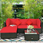 Costway - 5 Pcs Outdoor Patio Rattan Furniture Set Sectional Conversation with Cushions-Red