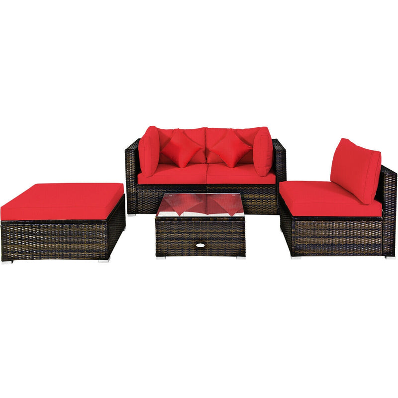 Costway - 5 Pcs Outdoor Patio Rattan Furniture Set Sectional Conversation with Cushions-Red