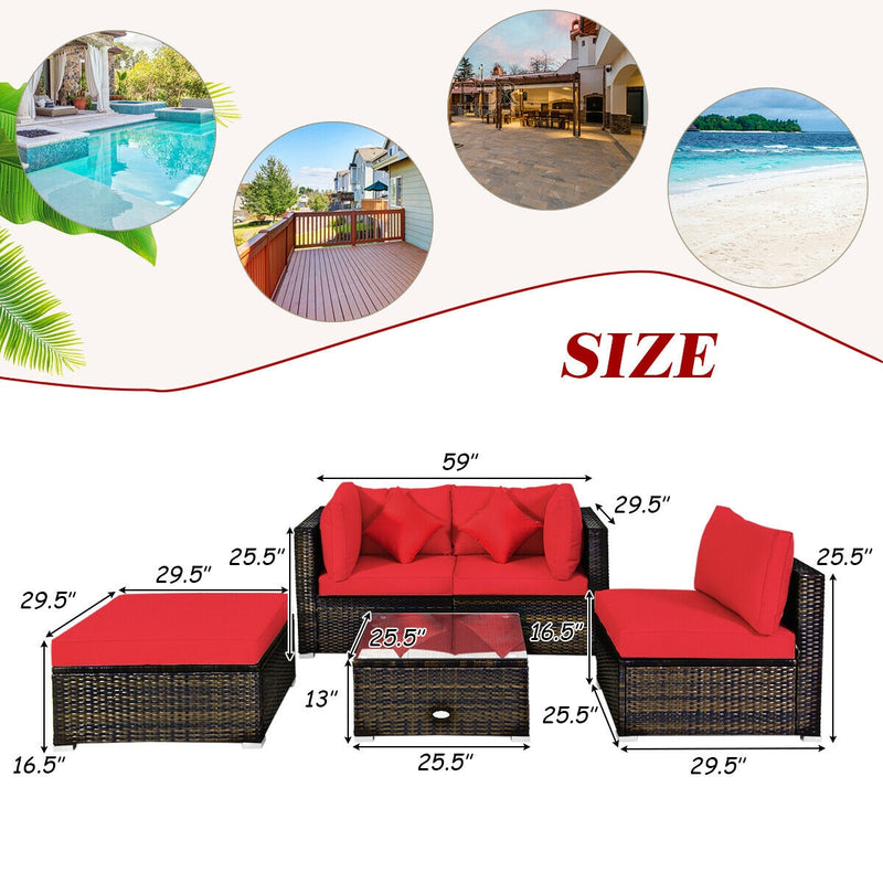 Costway - 5 Pcs Outdoor Patio Rattan Furniture Set Sectional Conversation with Cushions-Red