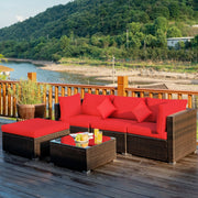 Costway - 5 Pcs Outdoor Patio Rattan Furniture Set Sectional Conversation with Cushions-Red