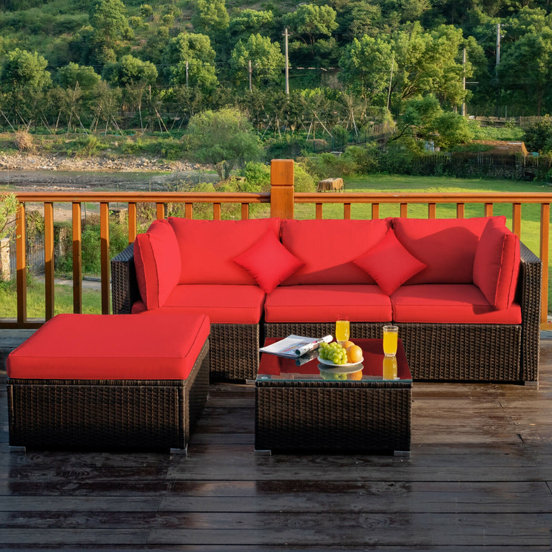 Costway - 5 Pcs Outdoor Patio Rattan Furniture Set Sectional Conversation with Cushions-Red