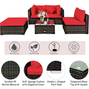 Costway - 5 Pcs Outdoor Patio Rattan Furniture Set Sectional Conversation with Cushions-Red