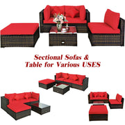 Costway - 5 Pcs Outdoor Patio Rattan Furniture Set Sectional Conversation with Cushions-Red