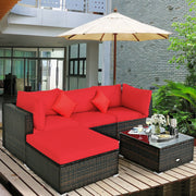 Costway - 5 Pcs Outdoor Patio Rattan Furniture Set Sectional Conversation with Cushions-Red