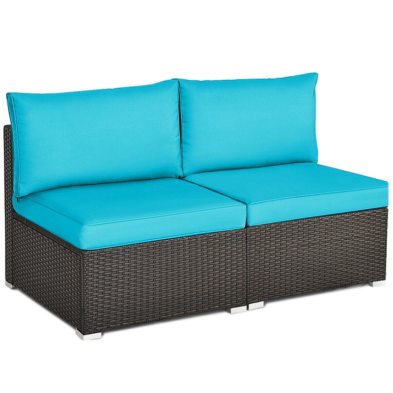 Costway - 2 Pieces Patio Rattan Armless Sofa Set with 2 Cushions and 2 Pillows-Blue