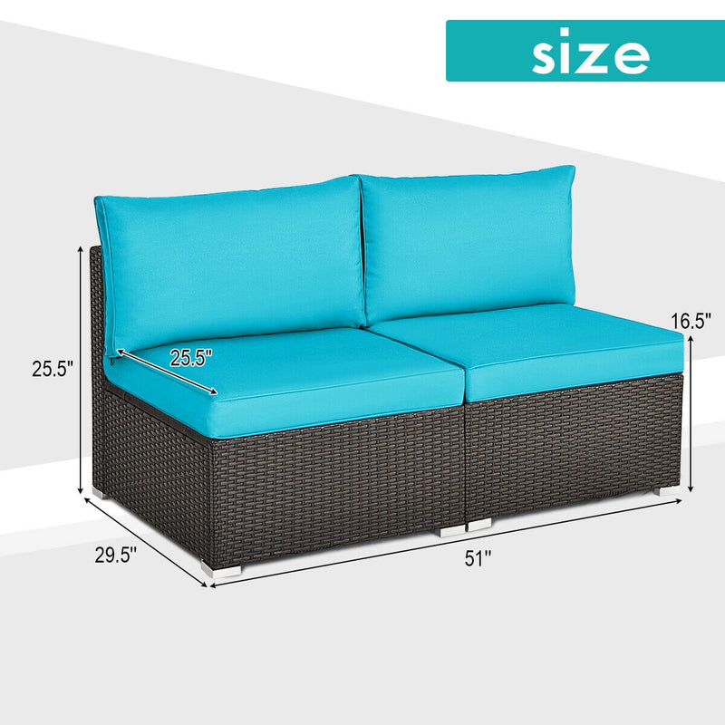 Costway - 2 Pieces Patio Rattan Armless Sofa Set with 2 Cushions and 2 Pillows-Blue