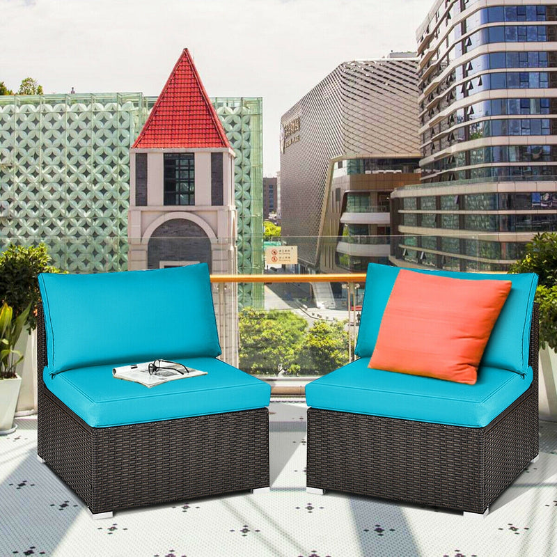 Costway - 2 Pieces Patio Rattan Armless Sofa Set with 2 Cushions and 2 Pillows-Blue