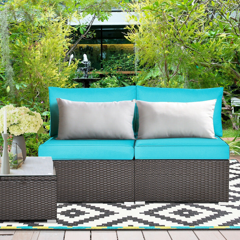 Costway - 2 Pieces Patio Rattan Armless Sofa Set with 2 Cushions and 2 Pillows-Blue