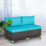 Costway - 2 Pieces Patio Rattan Armless Sofa Set with 2 Cushions and 2 Pillows-Blue