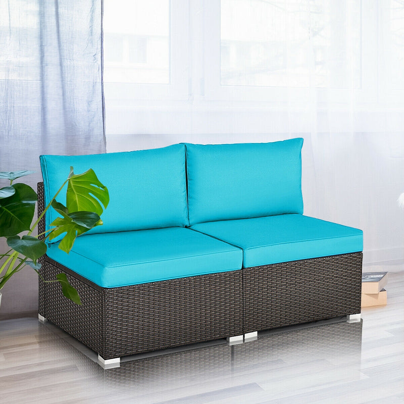 Costway - 2 Pieces Patio Rattan Armless Sofa Set with 2 Cushions and 2 Pillows-Blue