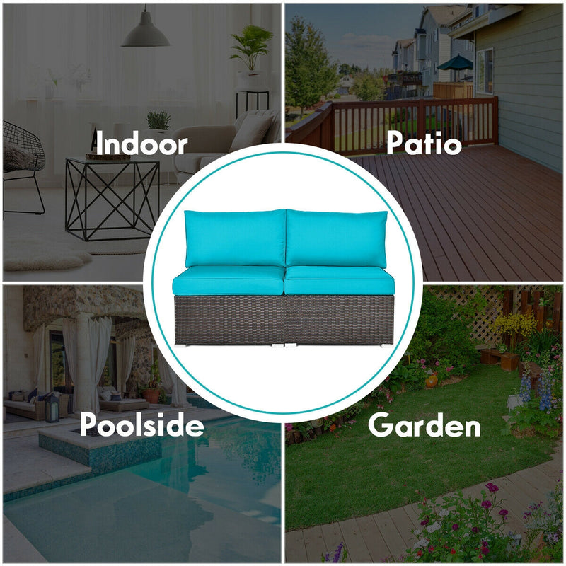 Costway - 2 Pieces Patio Rattan Armless Sofa Set with 2 Cushions and 2 Pillows-Blue