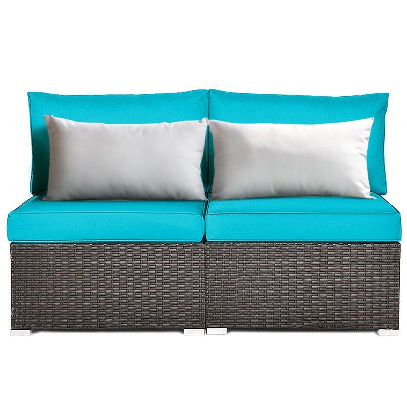 Costway - 2 Pieces Patio Rattan Armless Sofa Set with 2 Cushions and 2 Pillows-Blue