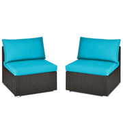 Costway - 2 Pieces Patio Rattan Armless Sofa Set with 2 Cushions and 2 Pillows-Blue