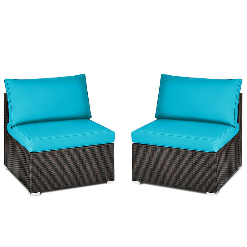 Costway - 2 Pieces Patio Rattan Armless Sofa Set with 2 Cushions and 2 Pillows-Blue