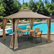 Costway - 12 x 10 Feet Outdoor Double Top Patio Gazebo with Netting-Brown