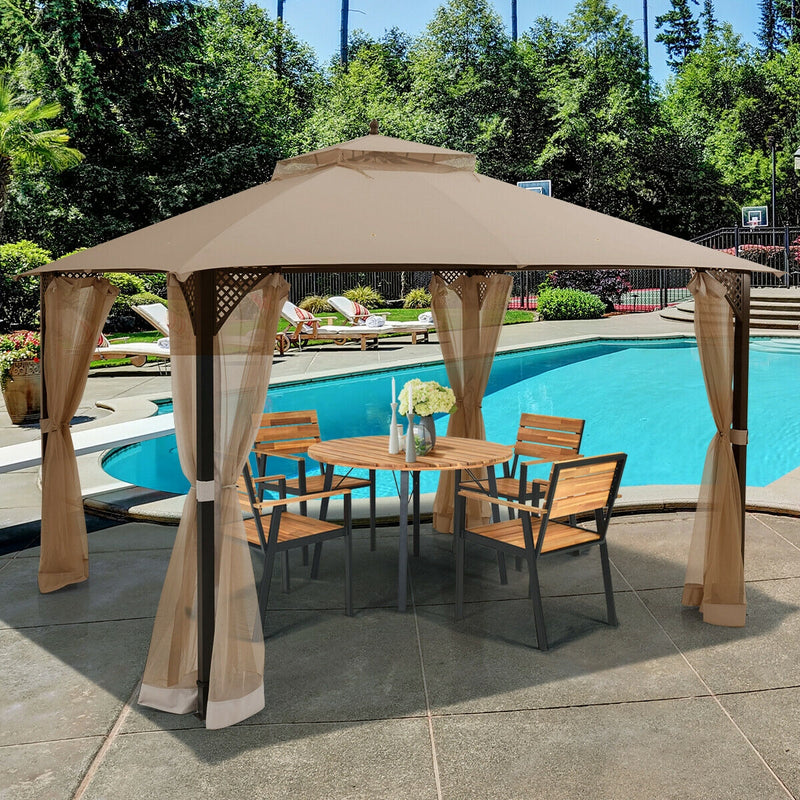 Costway - 12 x 10 Feet Outdoor Double Top Patio Gazebo with Netting-Brown