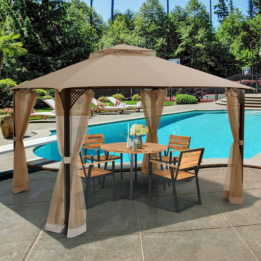 Costway - 12 x 10 Feet Outdoor Double Top Patio Gazebo with Netting-Brown