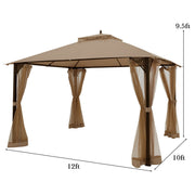 Costway - 12 x 10 Feet Outdoor Double Top Patio Gazebo with Netting-Brown