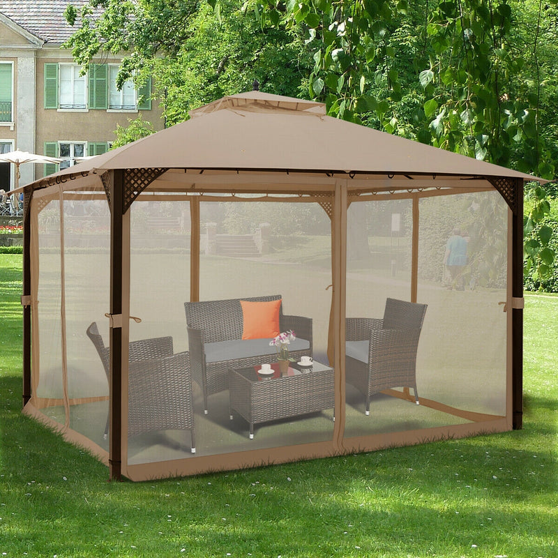 Costway - 12 x 10 Feet Outdoor Double Top Patio Gazebo with Netting-Brown