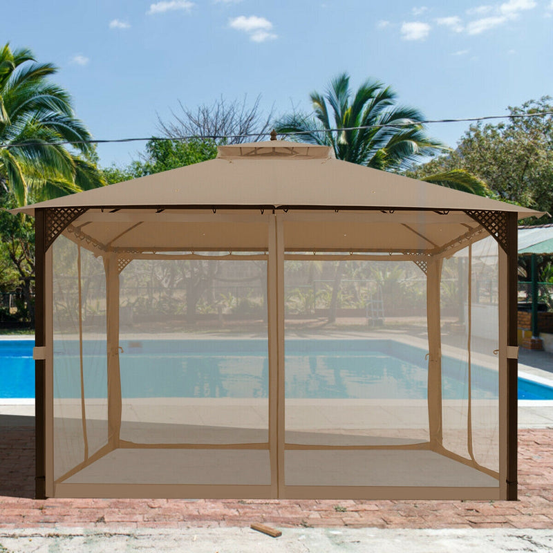 Costway - 12 x 10 Feet Outdoor Double Top Patio Gazebo with Netting-Brown