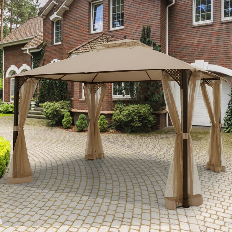 Costway - 12 x 10 Feet Outdoor Double Top Patio Gazebo with Netting-Brown