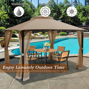 Costway - 12 x 10 Feet Outdoor Double Top Patio Gazebo with Netting-Brown