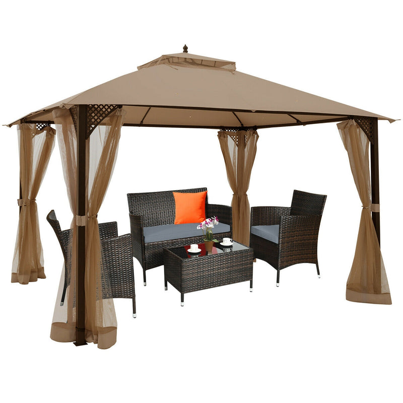 Costway - 12 x 10 Feet Outdoor Double Top Patio Gazebo with Netting-Brown